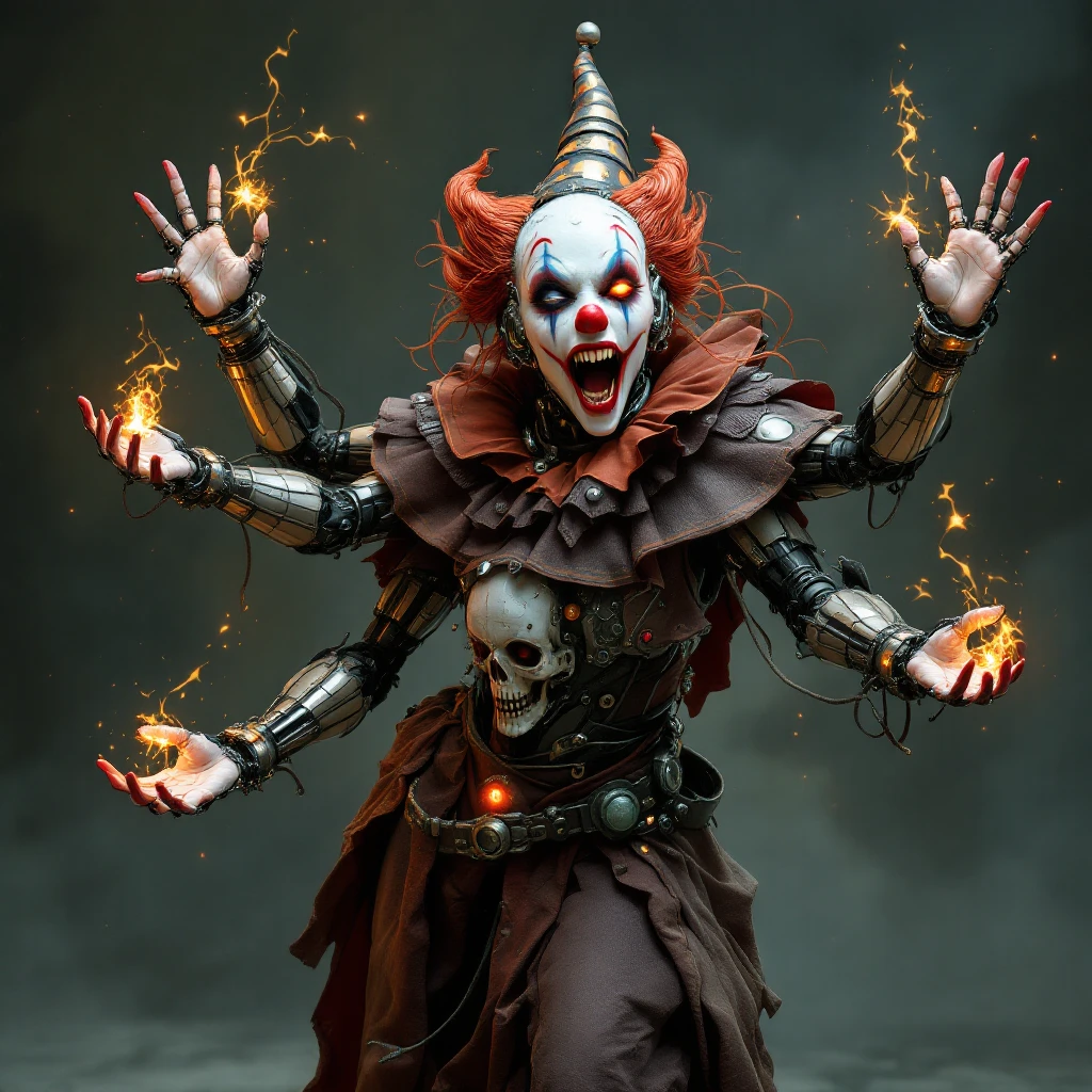 A cybernetic clown sorceress with four arms, casting a spell with all arms in a dynamic action pose emoji