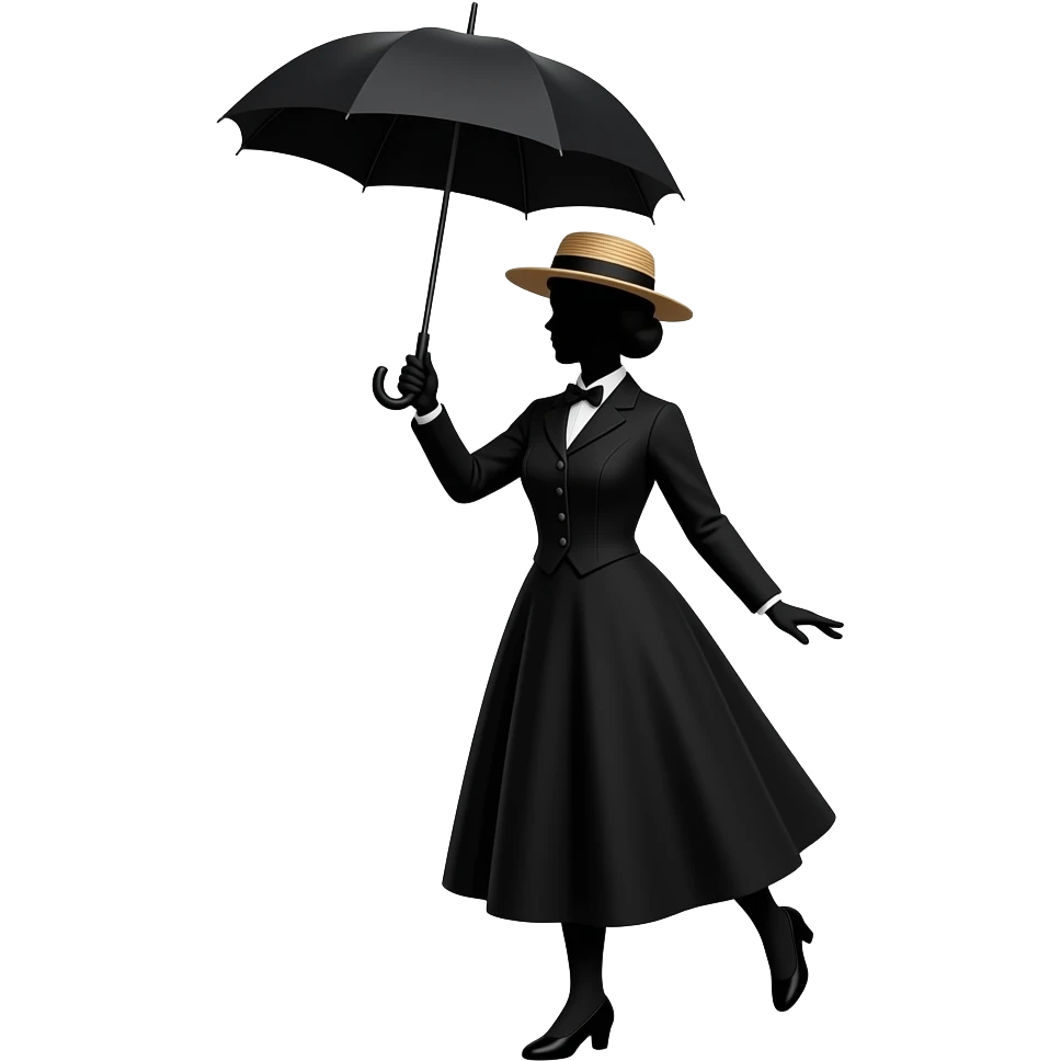 totally black silhouette mary poppins style female in straw boater hat, old edwardian dress holding umbrella up high with umbrella hand above head and feet pointing out forwards emoji