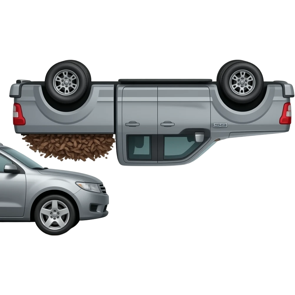 Gray F150 with full of bark chips in the back upside down in between two other cars emoji