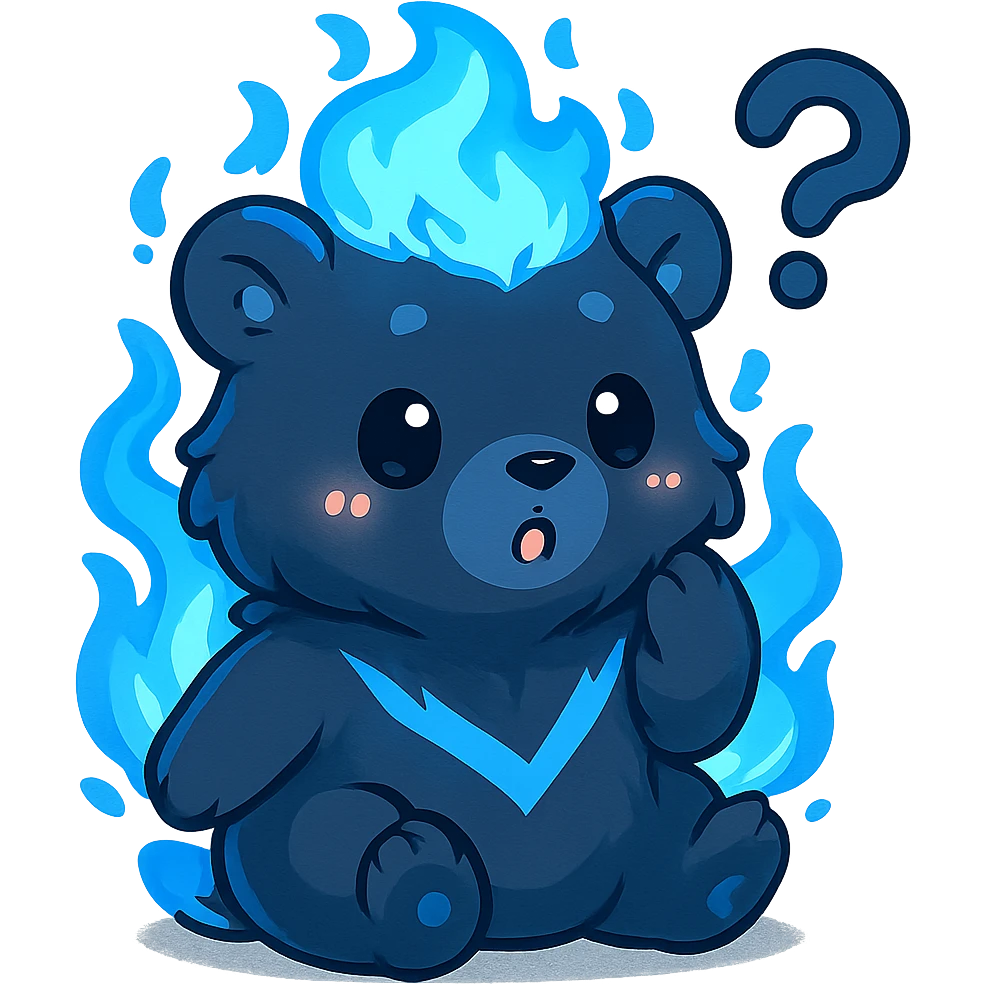 Transform this character into a super cute chibi version with a question mark above the head, keeping the blue flame details and overall color scheme. Make it adorable and expressive in chibi stickers style. emoji