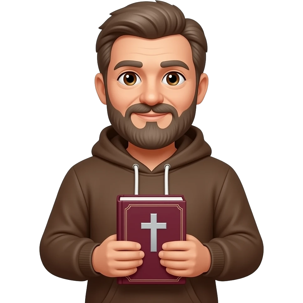 wise old man with grey brown hair and beard brown long sleeve hoodie slight smile brown eyes with burgundy book with cross on it emoji