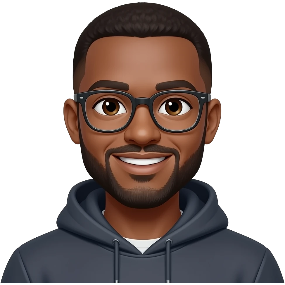 brown skin man in his 20s with buzzcut. dark brown eyes. beard. glasses. smiling. wearing a hoodie. emoji