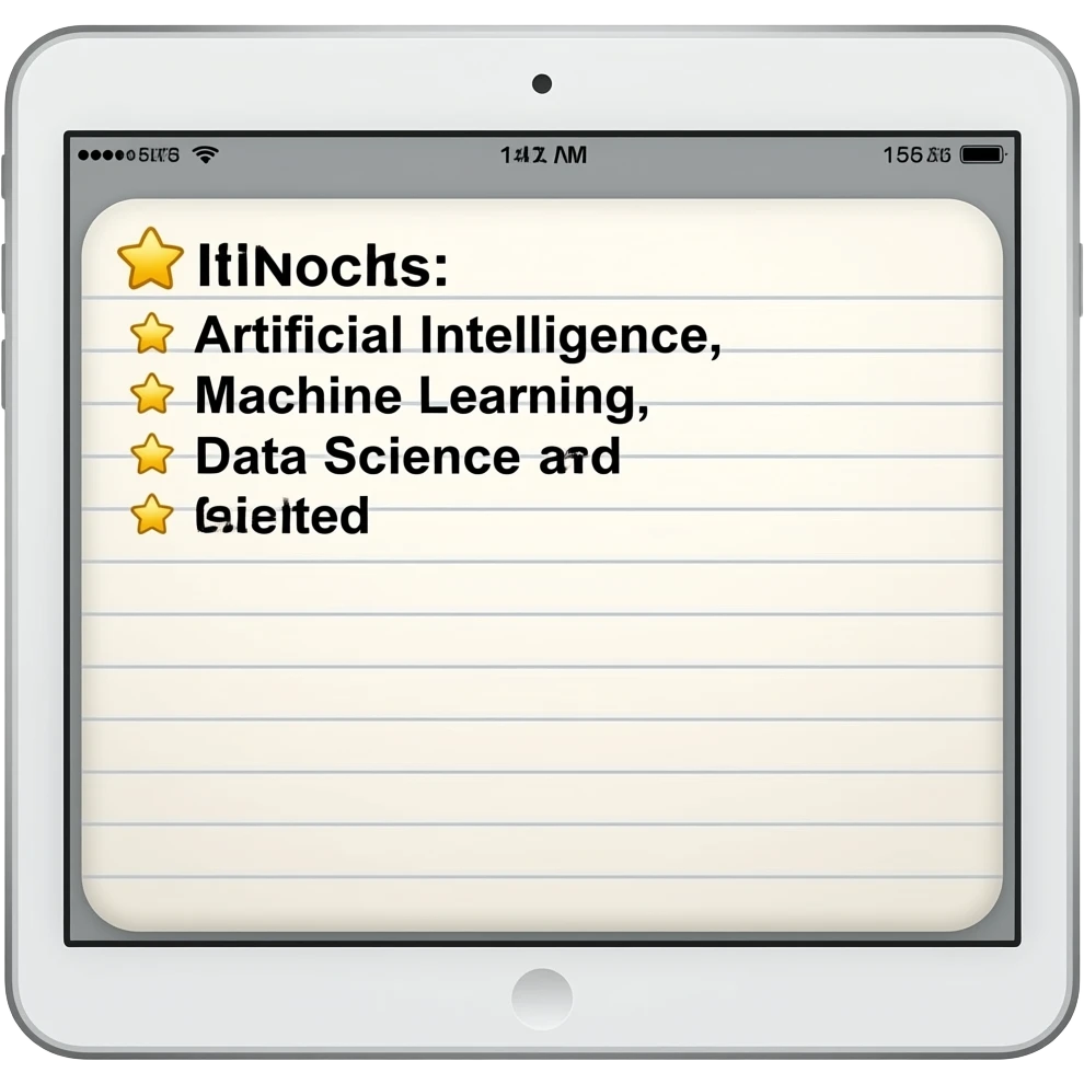 new ipad with cute notes app open and Artificial Intelligence, Machine Learning, Data Science written on it as heading on top left in star type bullet points emoji
