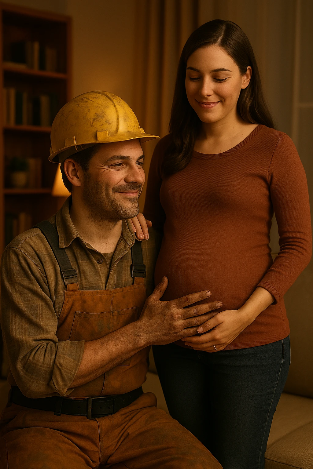 Vertical format, construction worker and pregnant wife sharing a quiet moment after repair, both smiling. Version 2 with alternate pose or background. emoji