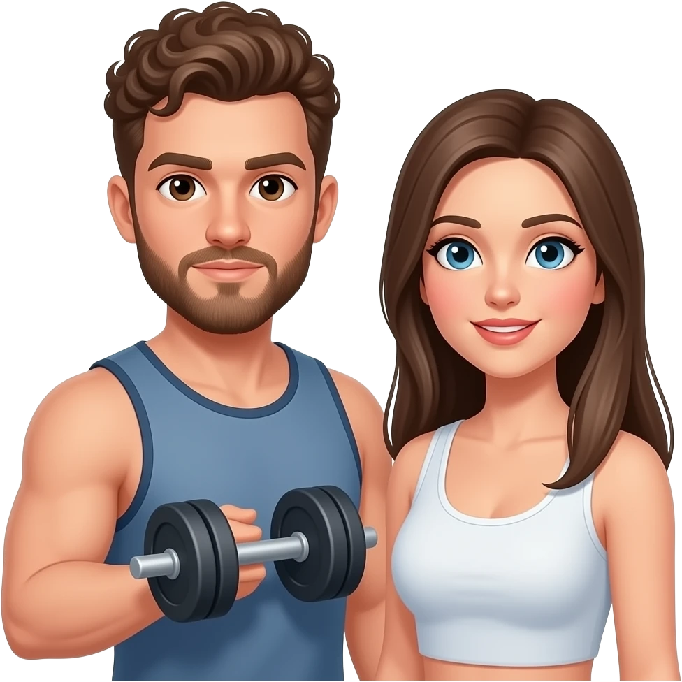 Realistic white man brown super short curly hair with beard working out with realistic white woman brown long straight hair emoji