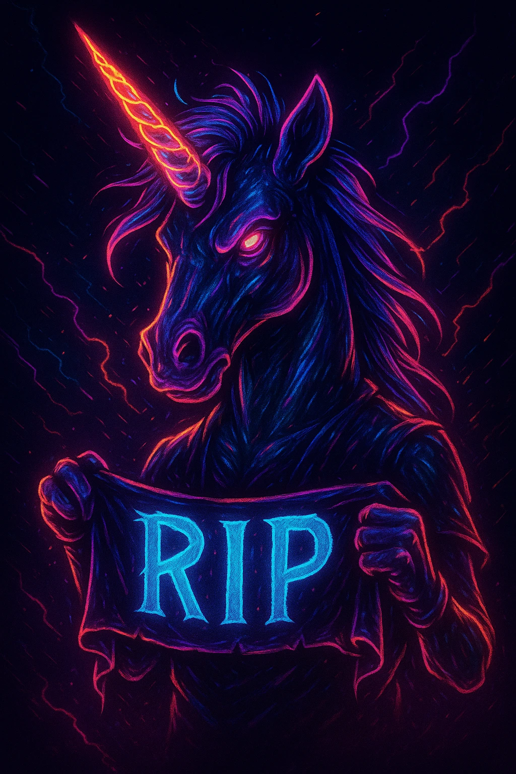 neon unicorn holding a RIP banner, cyberpunk neon style, electric colors, dramatic lighting emoji