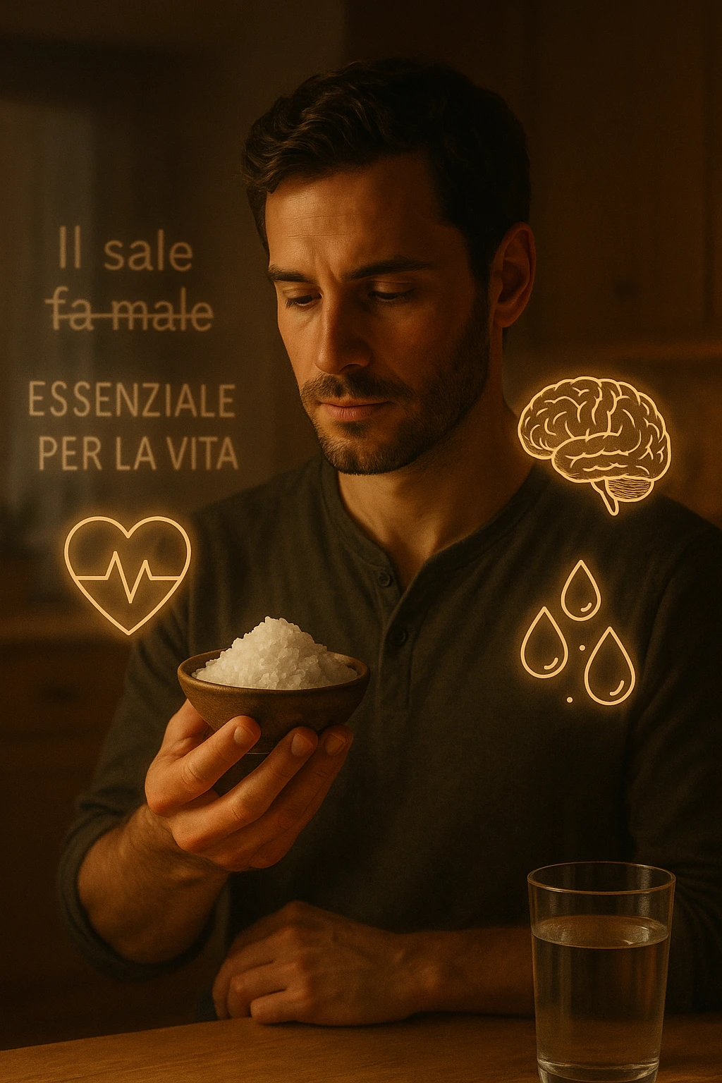 A realistic, cinematic illustration of a man in his early 30s holding a small bowl of unrefined sea salt in his hand, looking at it with awareness and respect. Around him, glowing minimalistic symbols of a beating heart, a brain, and hydrated cells appear, indicating the essential role of sodium in hydration, nerve conduction, and overall cellular health. In the background, faint text or floating words show the false myths: ‘Il sale fa male’, crossed out gently, while the phrase ‘Essenziale per la vita’ glows softly. The setting is a warm, softly lit kitchen with a glass of water nearby, emphasizing balance. The color palette is warm, natural, and calming, emphasizing that salt, when used consciously, is vital for human health, against common misconceptions demonizing it. emoji