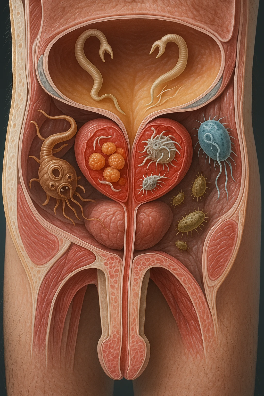 Vertical, hyper-realistic 3D cutaway illustration: the human body is shown in semi-transparent layers, exposing various types of problemi alla prostata a causa dei parassiti emoji