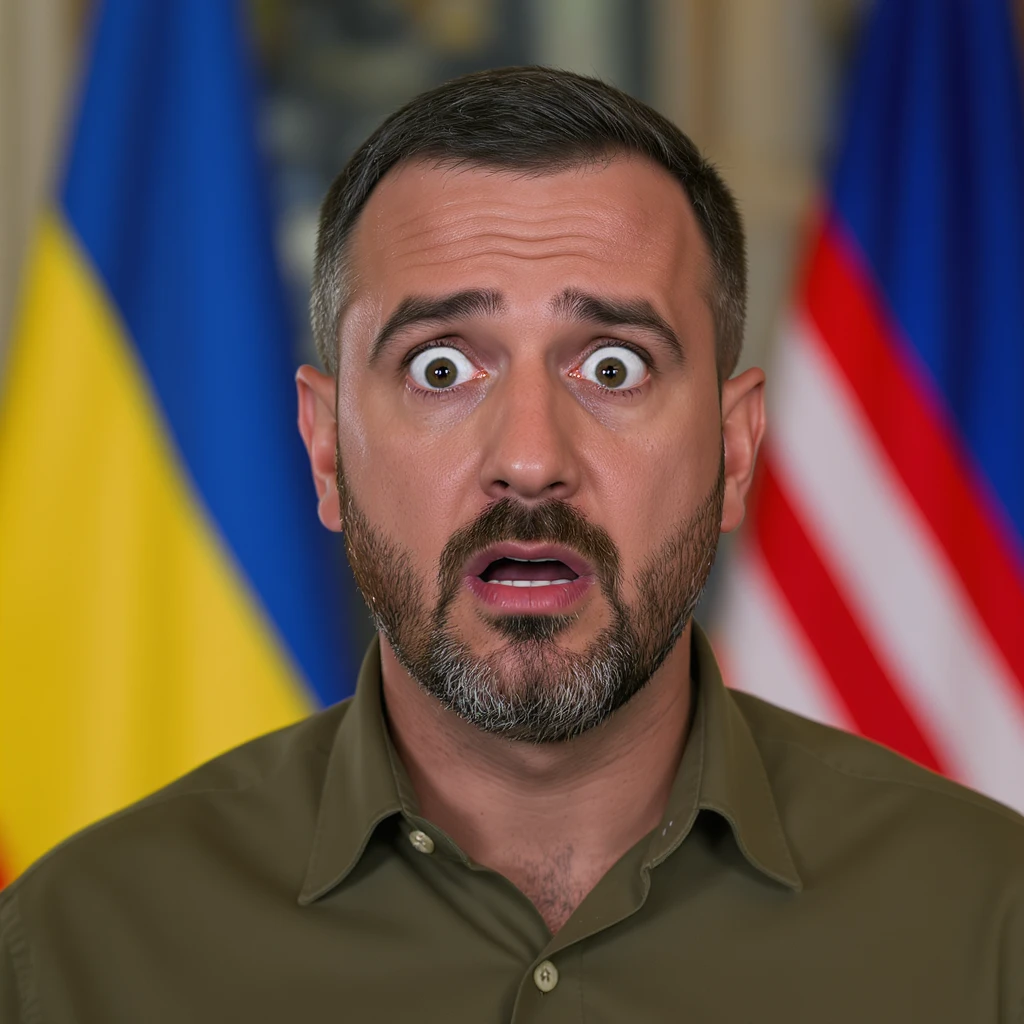 highly realistic, photorealistic portrait of Volodymyr Zelensky, President of Ukraine, expression of fear and shock, entire head and shoulders fully visible, centered in frame, short dark hair, trimmed beard, wearing dark olive green shirt emoji