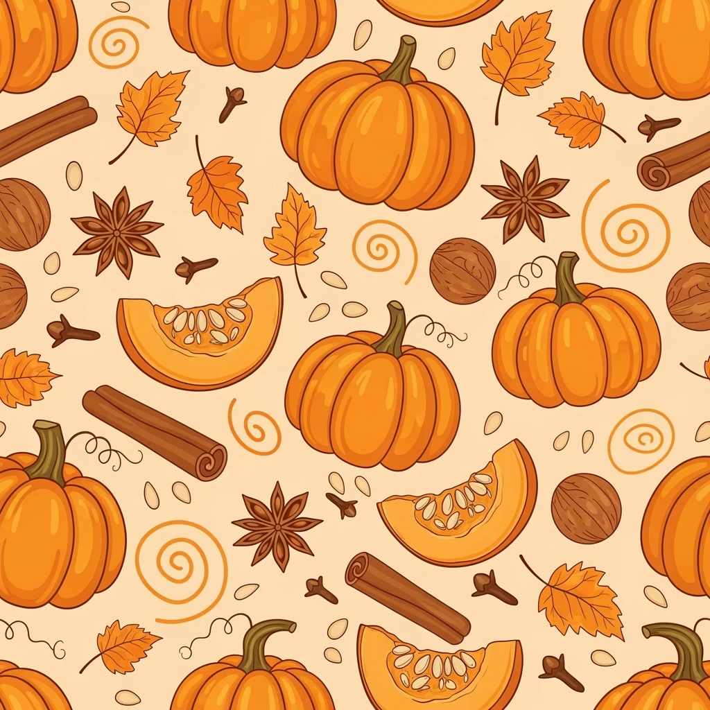seamless pattern of pumpkins and pumpkin spice, warm orange and cinnamon tones, cozy autumn vibes, soft texture, vector style, high resolution emoji