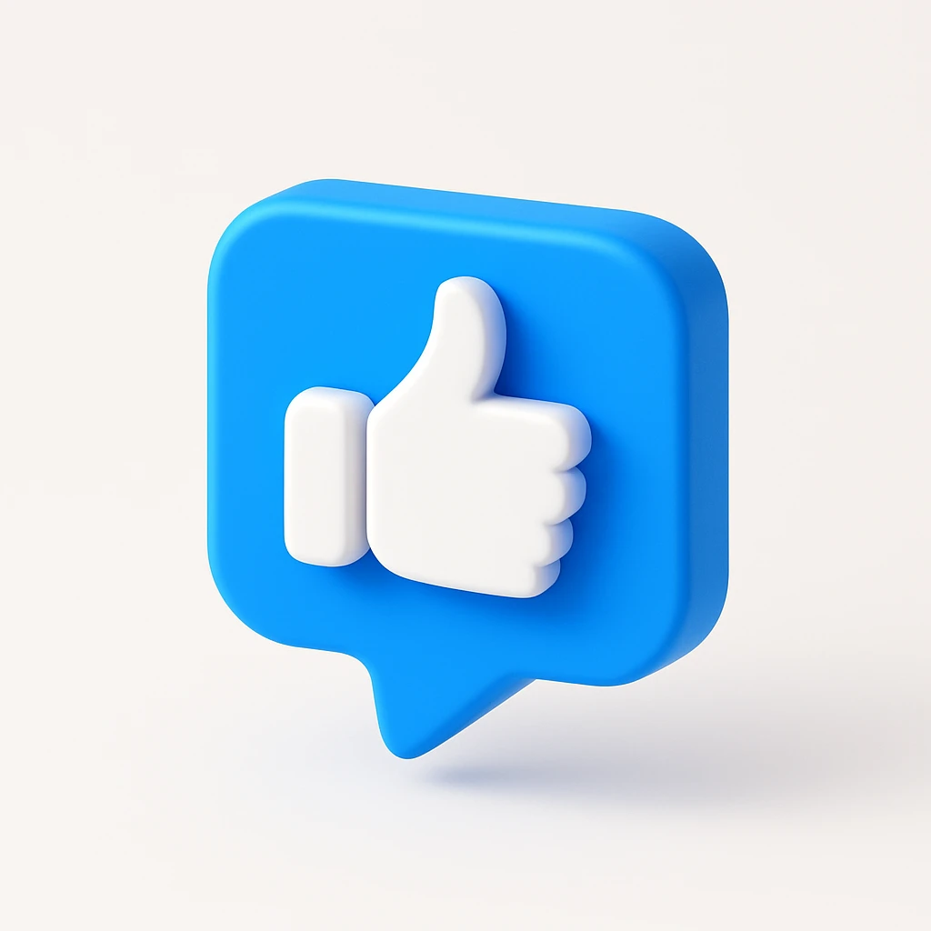 3D thumbs up like icon, white thumb on bright blue speech bubble, modern social media style, floating, high gloss, minimal design, centered, isolated on soft light background emoji