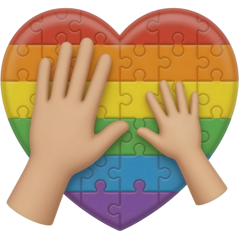heart rainbow puzzle with one adult and one children hand on it emoji