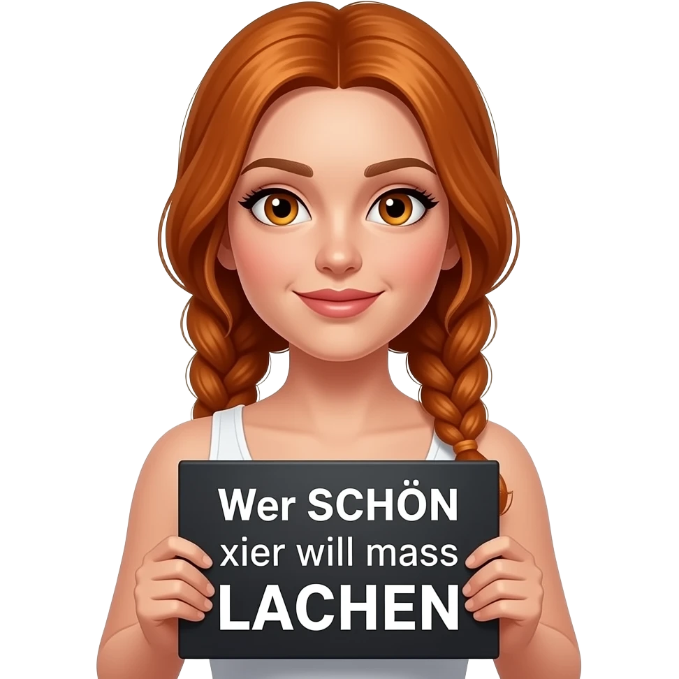 sexy girl with long ginger braids and ginger eyes wearing a white tanktop is holding a black sign with Wer SCHÖN sein will muss LACHEN written on it emoji