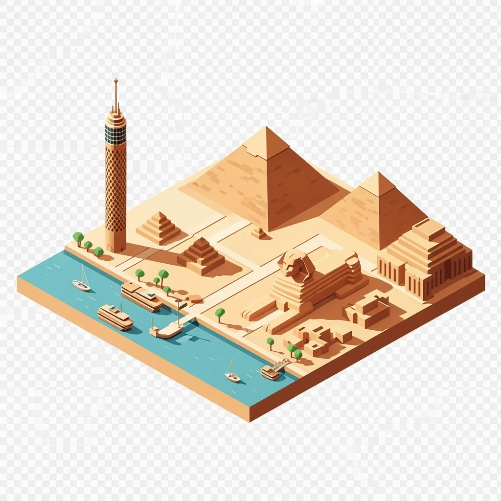 Isometric minimalistic illustration of Cairo – Pyramids of Giza, Sphinx, Cairo Tower, Nile riverbanks, subtle 3D miniature effect and Tilt Shift effect, no cartoonish look, transparent background. emoji