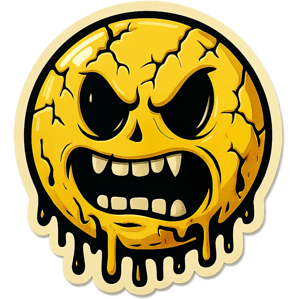 scary emoji with cracks, drips and chips, retro stickers style, sharp black outlines, clear shadows and highlights, no gradients emoji