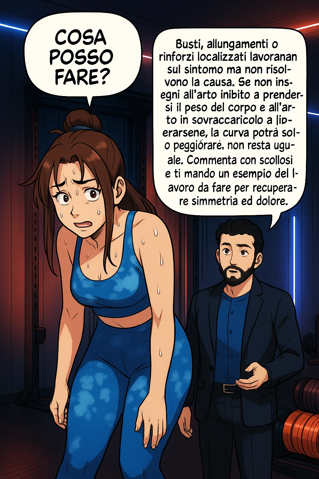 ispirati a questo stile di disegno e fai questa immagine in versione manga/webtoon a colori, il manga mostra la donna preoccupata che chiede: "COSA POSSO FARE?" E L'UOMO CHE RISPONDE: Busti, allungamenti o rinforzi localizzati lavorano sul sintomo ma non risolvono la causa. Se non insegni all’arto inibito a prendersi il peso del corpo e all’arto in sovraccarico a liberarsene, la curva potrà solo peggiorare; non resta uguale. Commenta con scoliosi e ti mando un esempio del lavoro da fare per recuperare simmetria ed eliminare il dolore. emoji