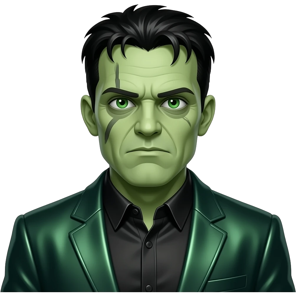 Frankenstein from Horror Film Heroes and Villains with green eyes, black hair, black metallic shirt, dark green metallic suit jacket emoji