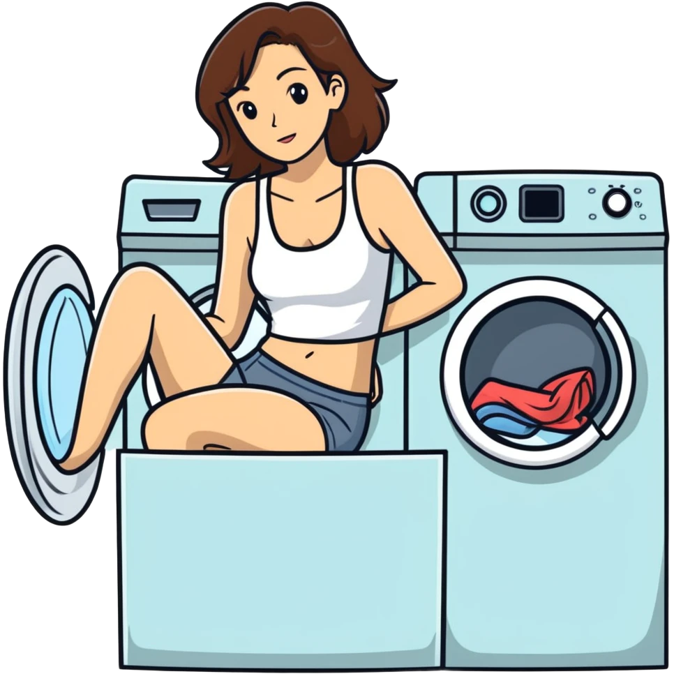 Caucasian woman with brown hair and big boobs wearing a tank top lying on a washer and dryer emoji