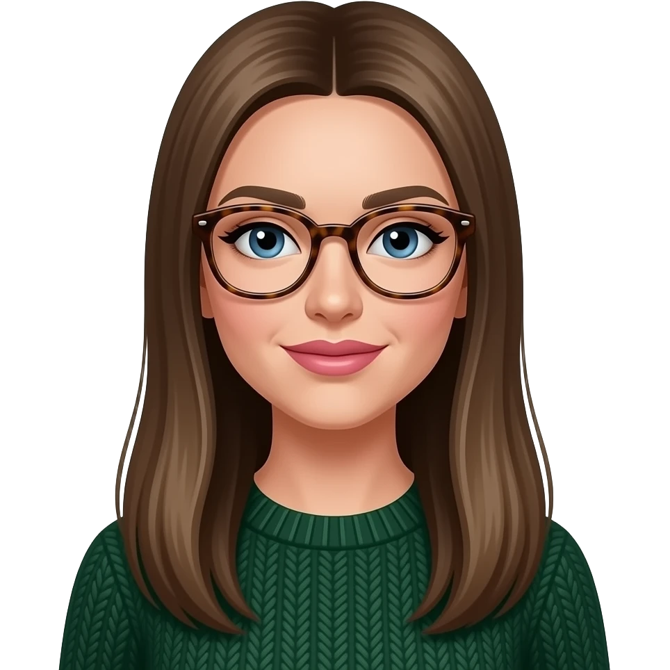 a white woman with long, straight dark blonde hair. she should be wearing thick rimmed tortise shell glasses, have pinker lips, wearing a dark green sweater and have almond shaped blue eyes. emoji