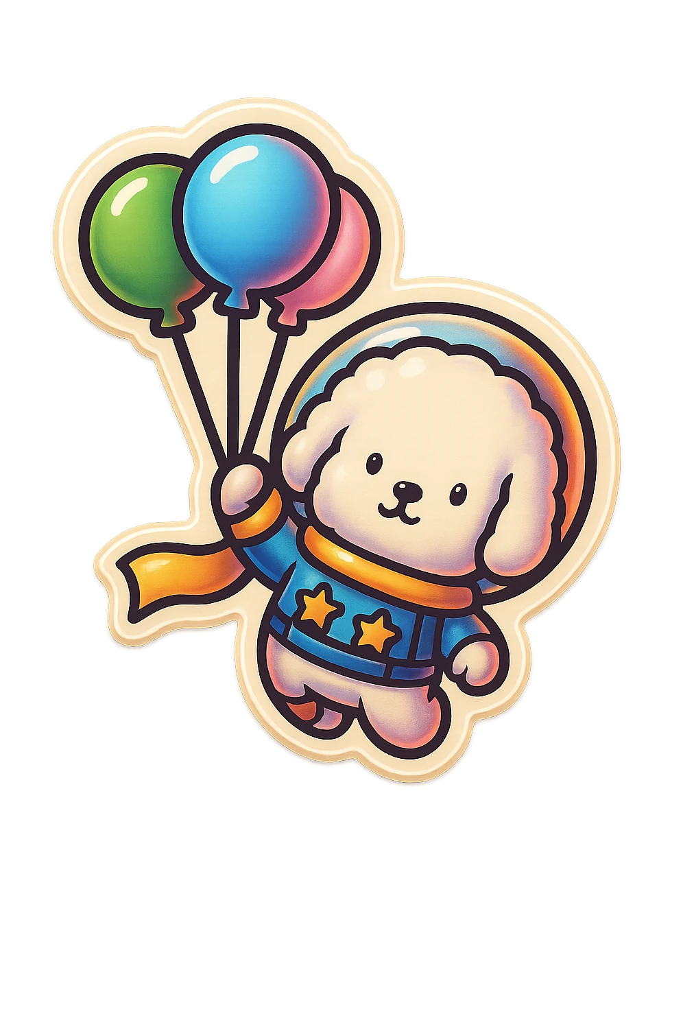 Transform the image into a WhatsApp sticker style by removing the background and leaving only the astronaut dog with balloons. Add a white border around the subject for a sticker effect. emoji