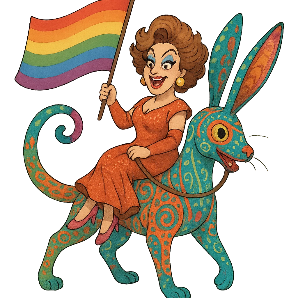 drag queen on a fantastical alebrije, holding an LGBTQ flag, in a detailed and whimsical ghibli style emoji