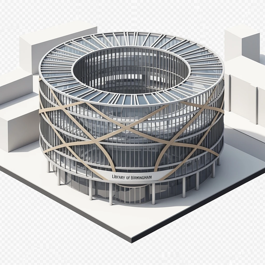 Isometric photorealistic illustration of the Library of Birmingham balanced between stylized and realistic, no cartoonish look, transparent background. emoji