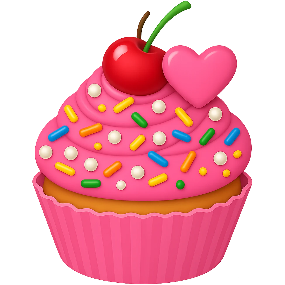 Add a cherry on top of the pink cupcake with pearls and rainbow sprinkles in emoji style. The image should have no background. emoji