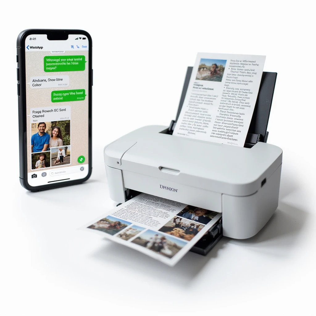 realistic thumbnail for a WhatsApp print out service, smartphone on the left side showing WhatsApp open with a chat containing images, PDFs, and documents being sent, printer on the right side printing out a mix of photos and documents, clean white background, simple background emoji