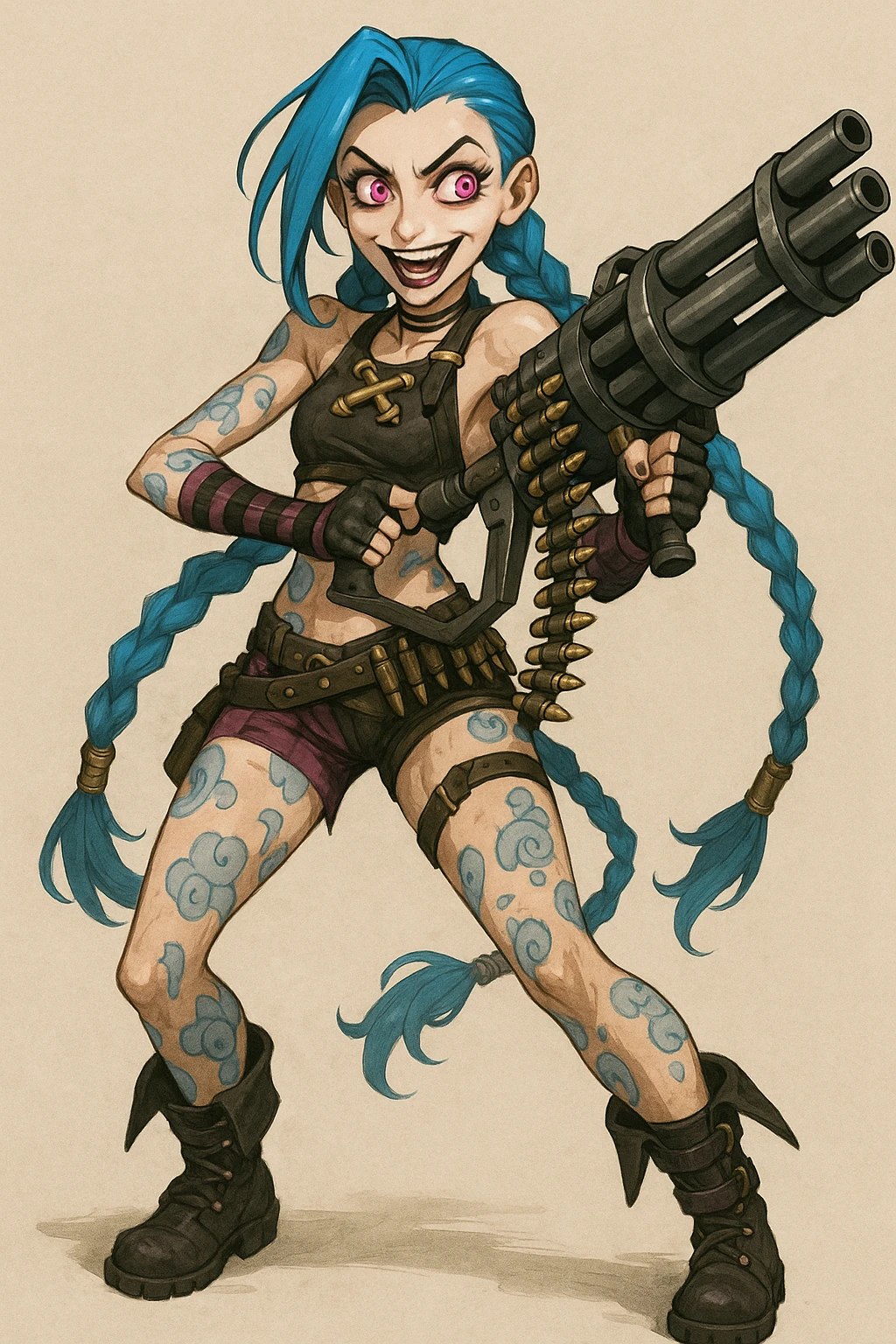 slender athletic young woman with long electric blue hair in two thick braids, bright pinkish-purple eyes, manic mischievous expression, punk-inspired outfit with cropped top, striped arm sleeves, mismatched shorts with belts, knee-high boots, adorned with bullet belts and pouches, blue tattoos in swirling mechanical patterns on arms legs torso, holding mini-gun emoji