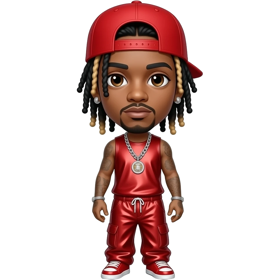 Lil Wayne with dark brown eyes, long black dreads with blonde ombre, red cap, red metallic hip-hop sleeveless shirt, red metallic hip-hop baggy pants, necklace and earrings emoji