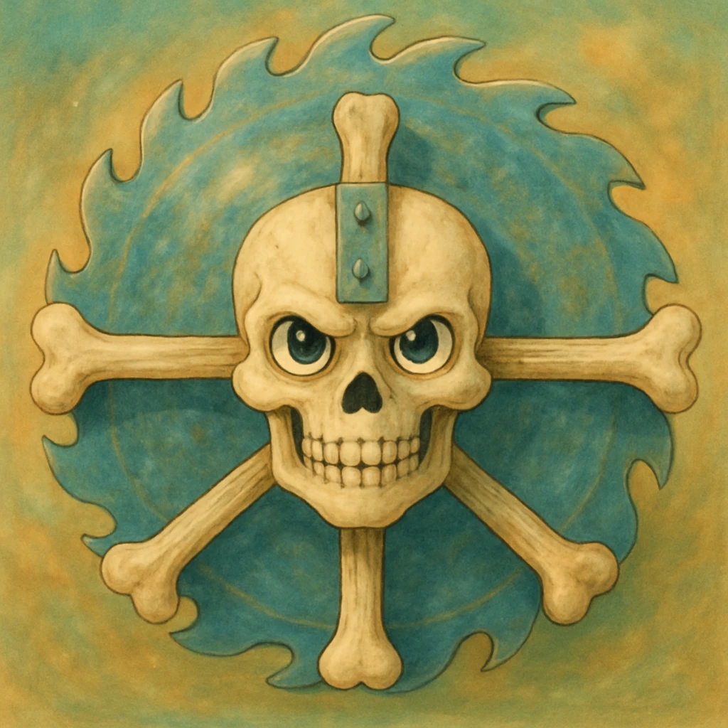 Render the subject in a painterly, whimsical, and detailed Ghibli style with soft shading and a magical atmosphere. Preserve the skull, crossed bones, and saw blade elements, giving them a fantastical, storybook quality. Ensure the subject is fully inside the image borders. emoji