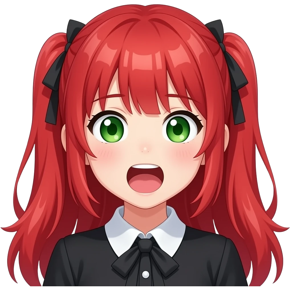 anime girl, histerical, red hair, green eyes, black blouse with white collar emoji