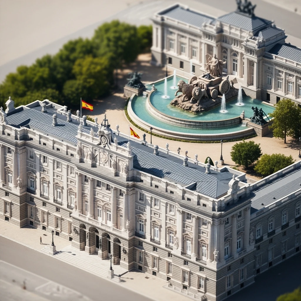 Изометрическая фотореалистичная иллюстрация-модель Королевского дворца в Мадриде и фонтана Сибелес, баланс между стилизацией и реализмом, эффект миниатюры Tift shift, прозрачный фон. emoji