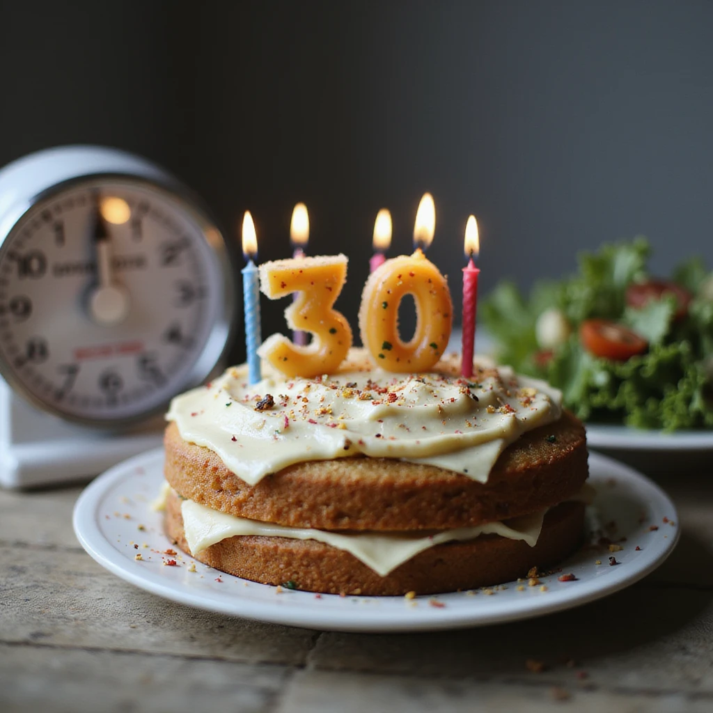realistic 4K close-up of a cake with 30 candles, next to a scale and a plate of salad, symbolizing changing metabolism emoji