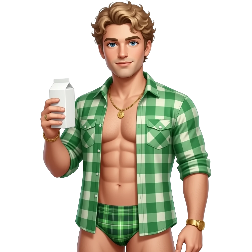 Sexy blond curly haired muscle man ingreen plaid shirt and green plaid thong holding milk carton with gold band on finger emoji