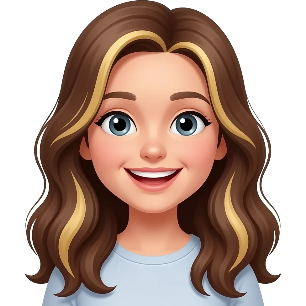 Un emoji donde la chica sea risada con el cabello largo color castaño y con las puntas rubias emoji