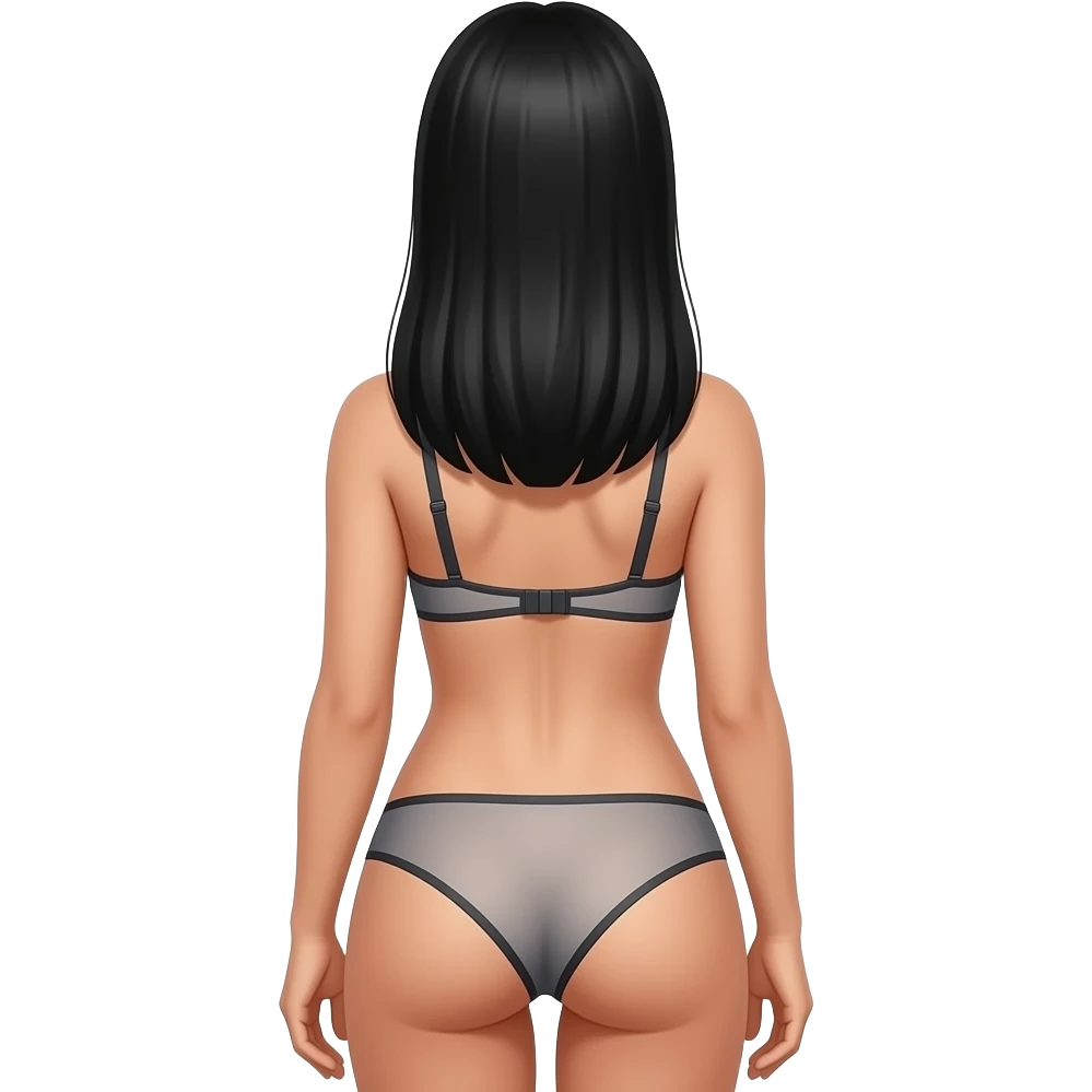 Woman in straight black hair, in bra and panties, back view emoji