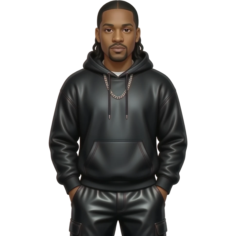 Jay-Z with dark brown eyes, long black hair, black metallic sweatshirt, black metallic baggy pants, silver necklace emoji