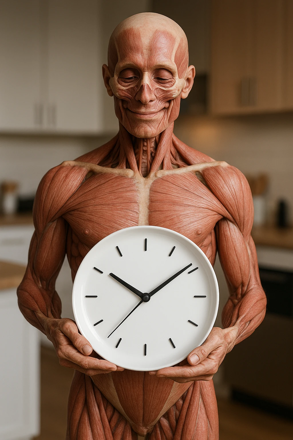 corpo umano anatomico, che tiene in mano un piatto bianco con la lancette di un orologio sopra, figura visibile fino ai fianchi, espressione del volto soddisfatta, sullo sfondo la sua cucina sfocata, iperrealistico 4k emoji