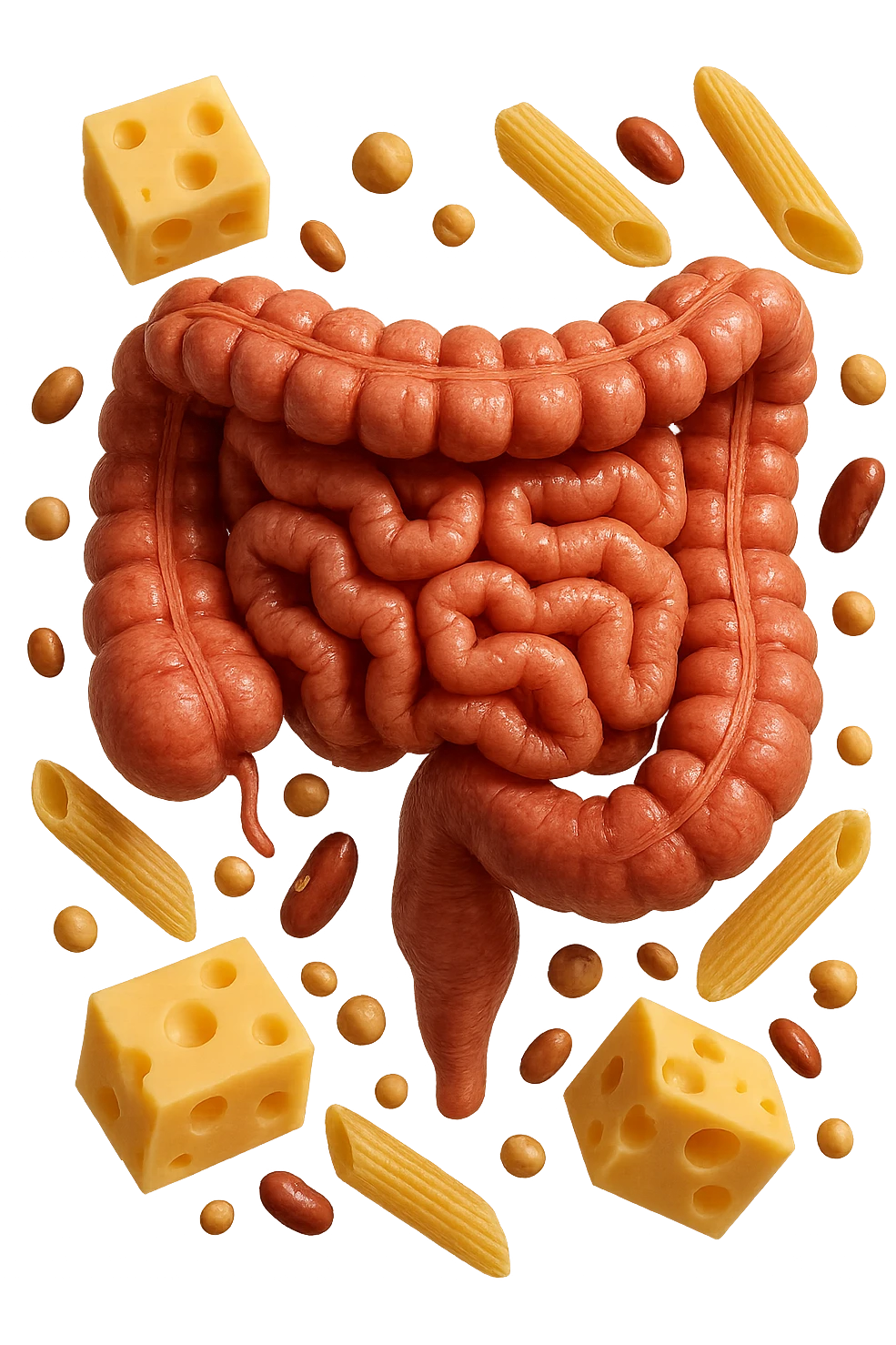 PEZZETTI DI EMMENTAL, PENNE DI PASTA RIGATE E LEGUMI FLUTTUANO INTORNO AD UN INTESTINO UMANO ANATOMICO REALISTICO, iperrealistico 4k emoji