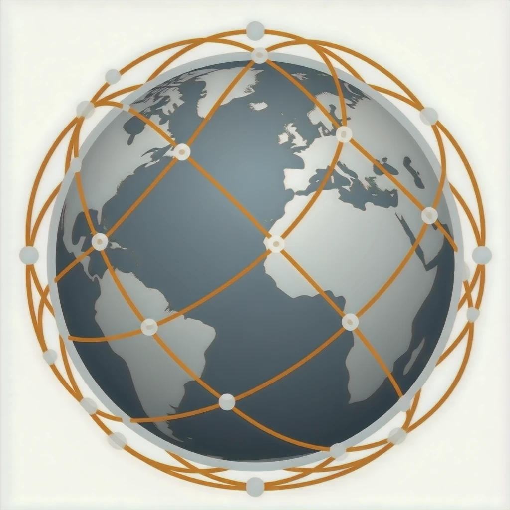 A gray planet Earth with orange network lines surrounding it and white dots on it emoji