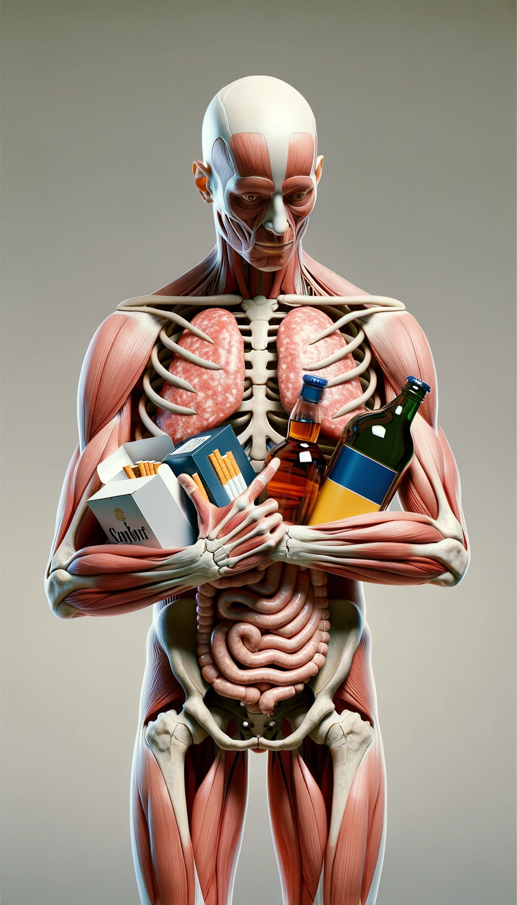 CORPO UMANO ANATOMICO CHE TRA LE BRACCIA SIGARETTE, ALCOL E WURSTEL CONFEZIONATI, LI GUARDA CON ESPRESSIONE INDECISA IN VOLTO, NEUTRAL CLEAR BACKGROUND, iperrealistico 4k emoji