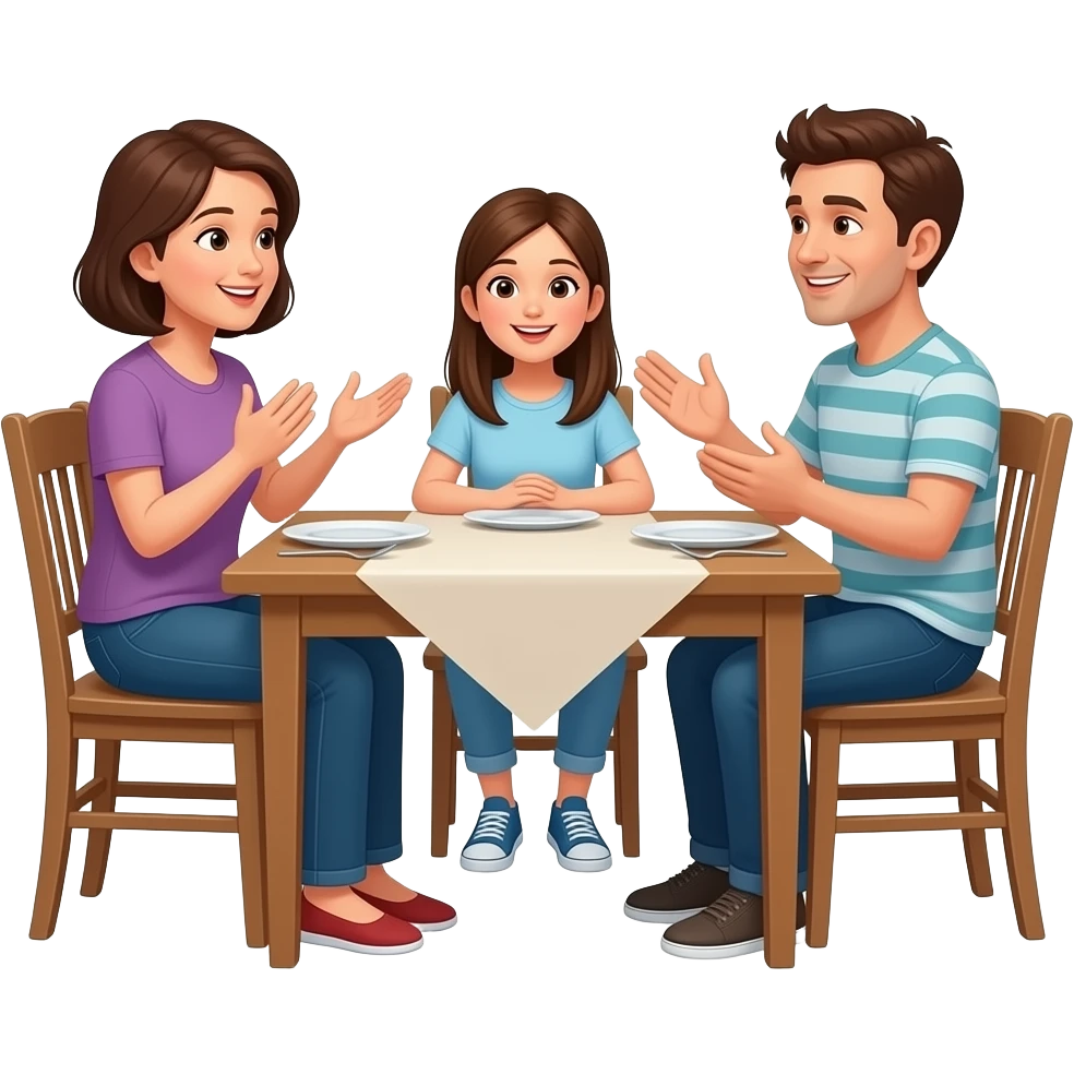 Dialogue between two adults and a teenager sitting at the table at home looking at each other in a conversational mood, hands moving, faces speaking emoji