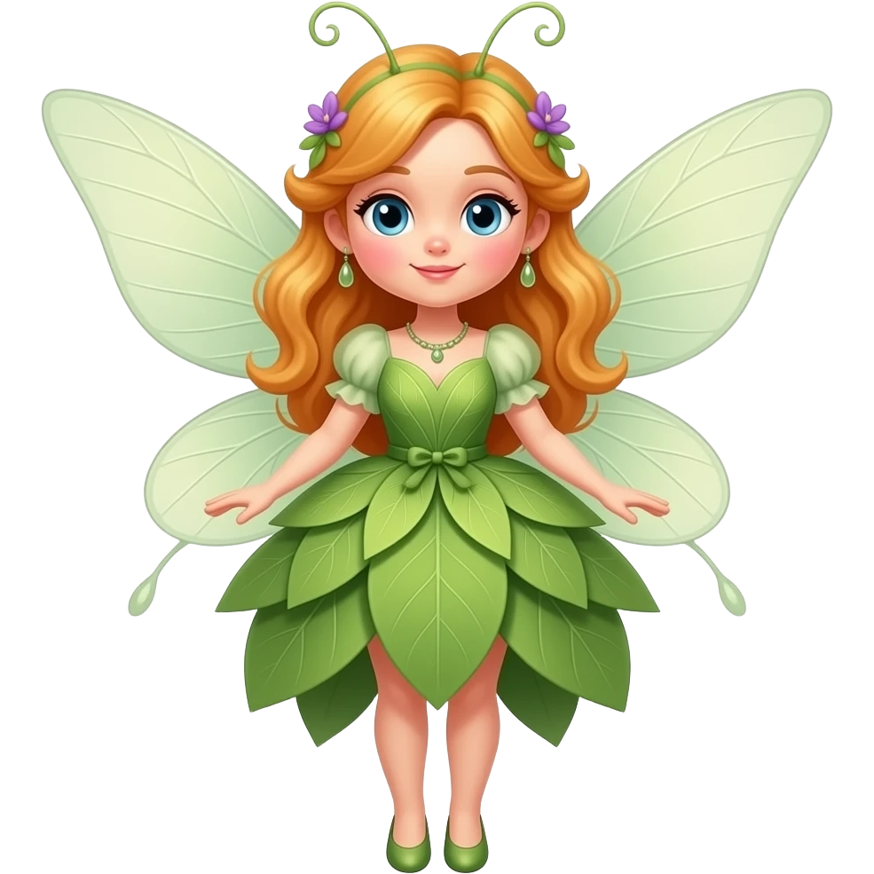 A cute elegant garden fairy in a soft green and warm orange color palette, with delicate translucent wings, a flowing leaf-and-petal dress, rosy cheeks, and tiny lilac accents. emoji