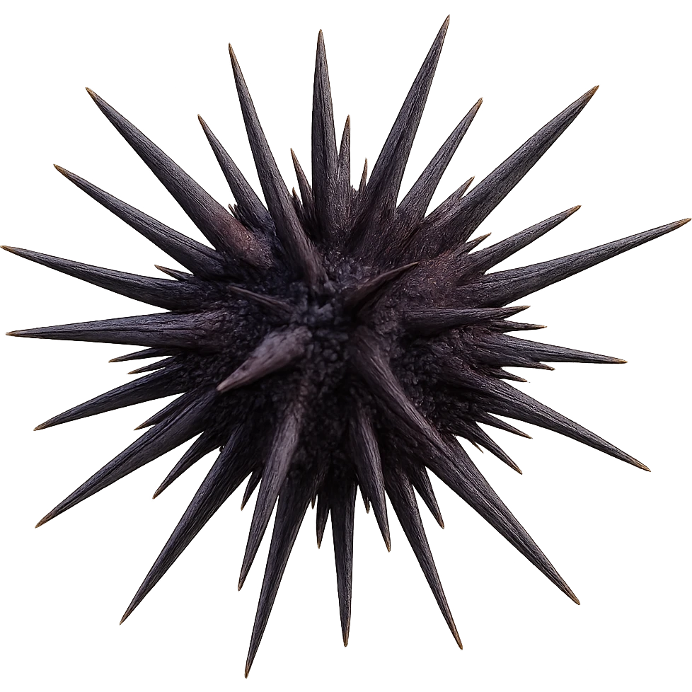 Add realistic purple and dark colors to the sea urchin, keep the dangerous spikes and realistic shape, with a transparent background. Maintain the natural and realistic appearance of the sea urchin's spikes and overall form. emoji