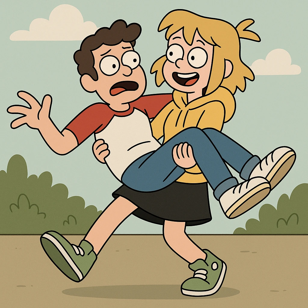 A man Raglan sleeves with Red t-shirts blue jeans white shoes carried by a cute a girl yellow hoodie black skirt green shoe  emoji