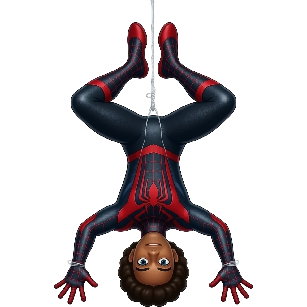 Spiderman miles morales masked up in his black and red suit hanging upside-down through web string emoji