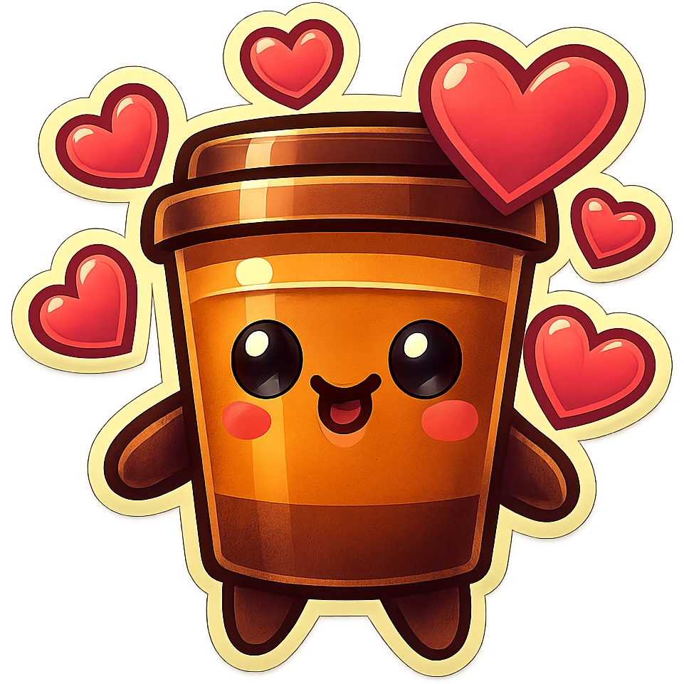 Tall coffee cup, gushing with love, dramatic emoji