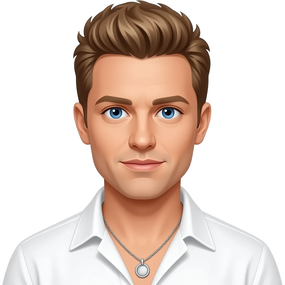 Brian Littrell from Backstreet Boys with blue eyes, light brown hair, white pop outfit, necklace emoji
