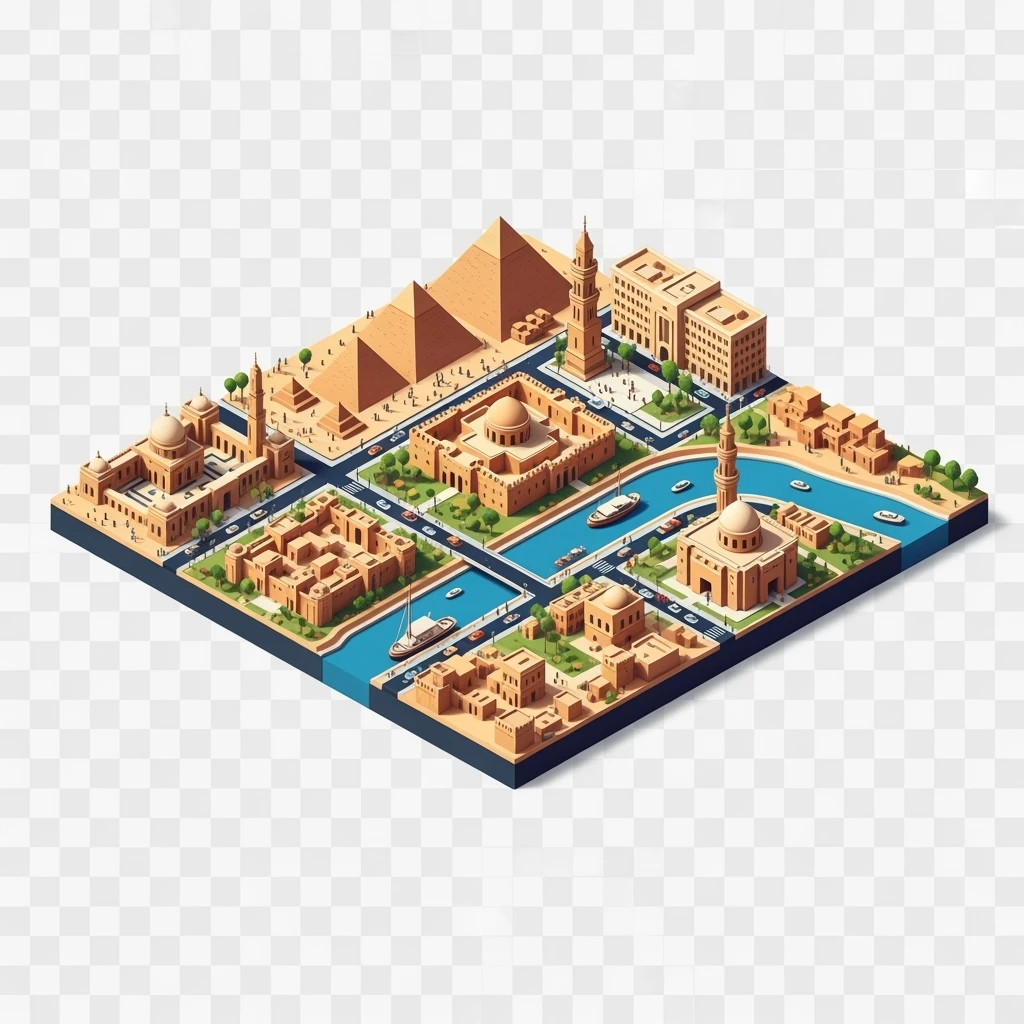 Isometric minimalistic illustration of Cairo, subtle 3D miniature effect and Tilt Shift effect, no cartoonish look, transparent background. emoji